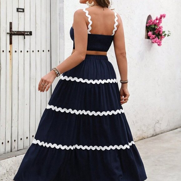 Navy Blue Boho Women's Plus Size Ruffle Trim Camisole And Mini Skirt Set - Picture 2 of 6